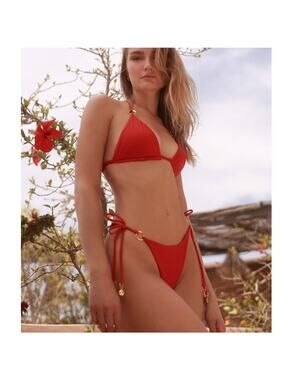 Ola Azul Textured Red Halter Triangle Bikini Top & Tie Bottom With Gold Hardware